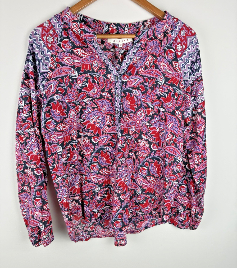 Xirena Women’s XS Red Blue Paisley Cotton Popover Blouse Made in USA Boho Floral